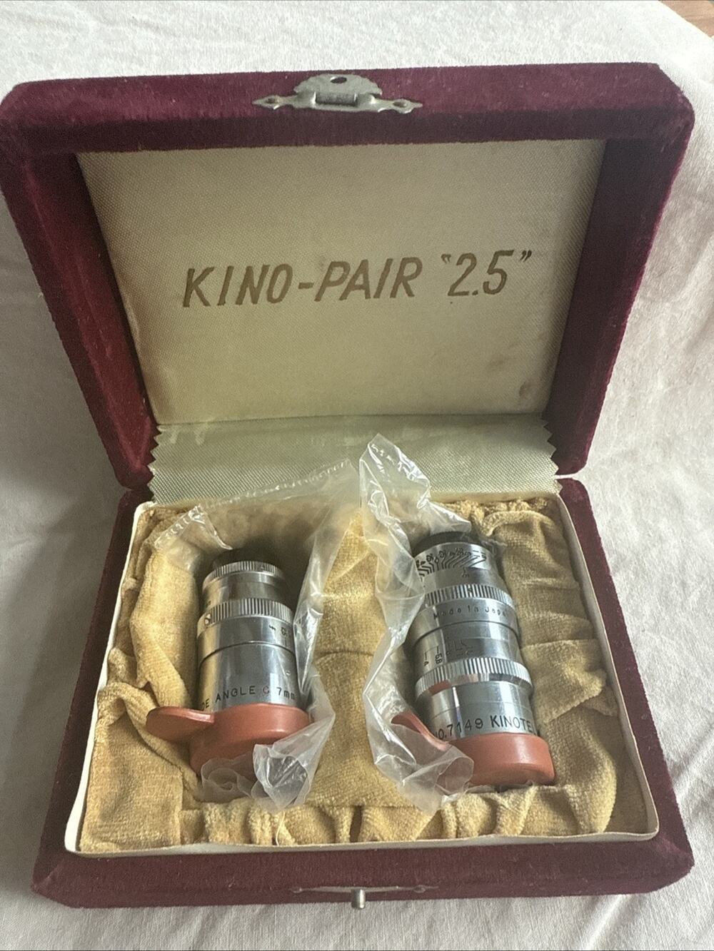 Set of vintage Kino-Pair "2.5" camera cine lenses, With Case. 7mm And 8mm